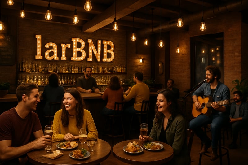 LarBNB bar interior with guests enjoying drinks, food, and music